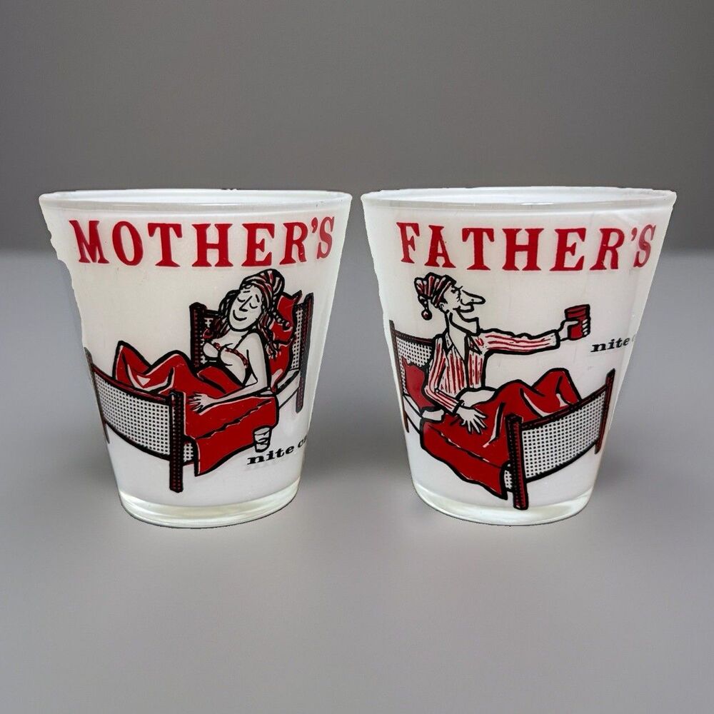 Vintage 50’s Mother's & Father's Nite Cap Highball Glasses frosted bar novelty
